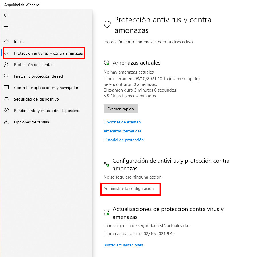 Administrar la protección contra amenazas del antivirus Windows Defender.
