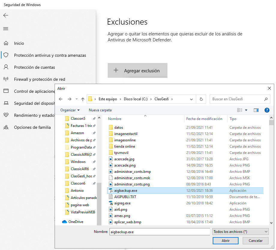 Agregar ClassicGes como excusión del Windows Defender.