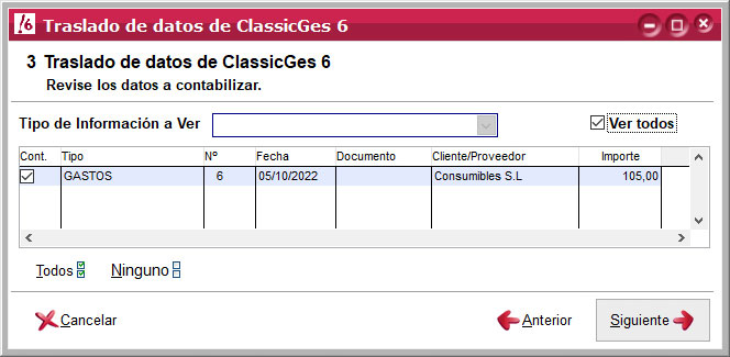 Revisar los datos a contabilizar en el asistente de importación de datos de ClassicGes a ClassicConta.