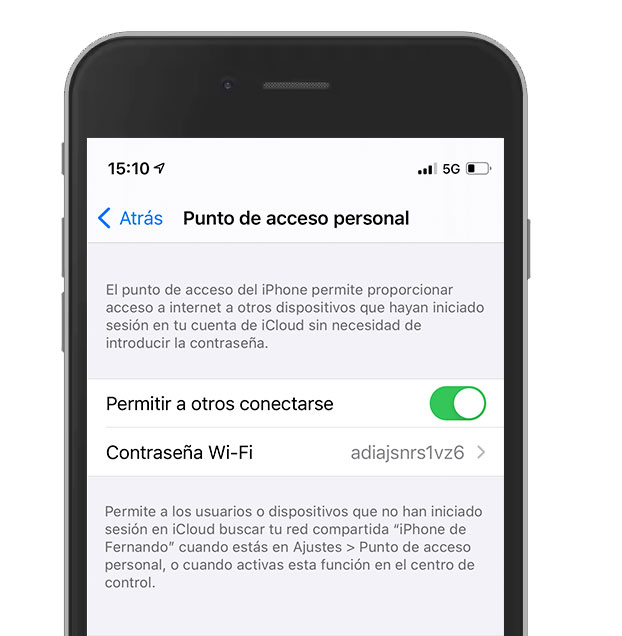 En pantalla Punto acceso personal de iPhone, conmutador Permitir a otros conectarse activado.