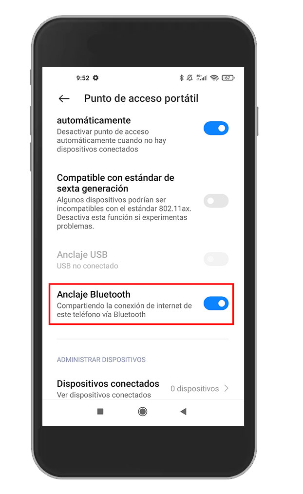 En pantalla Punto de acceso portátil de iPhone, conmutador Anclaje Bluetooth activado.