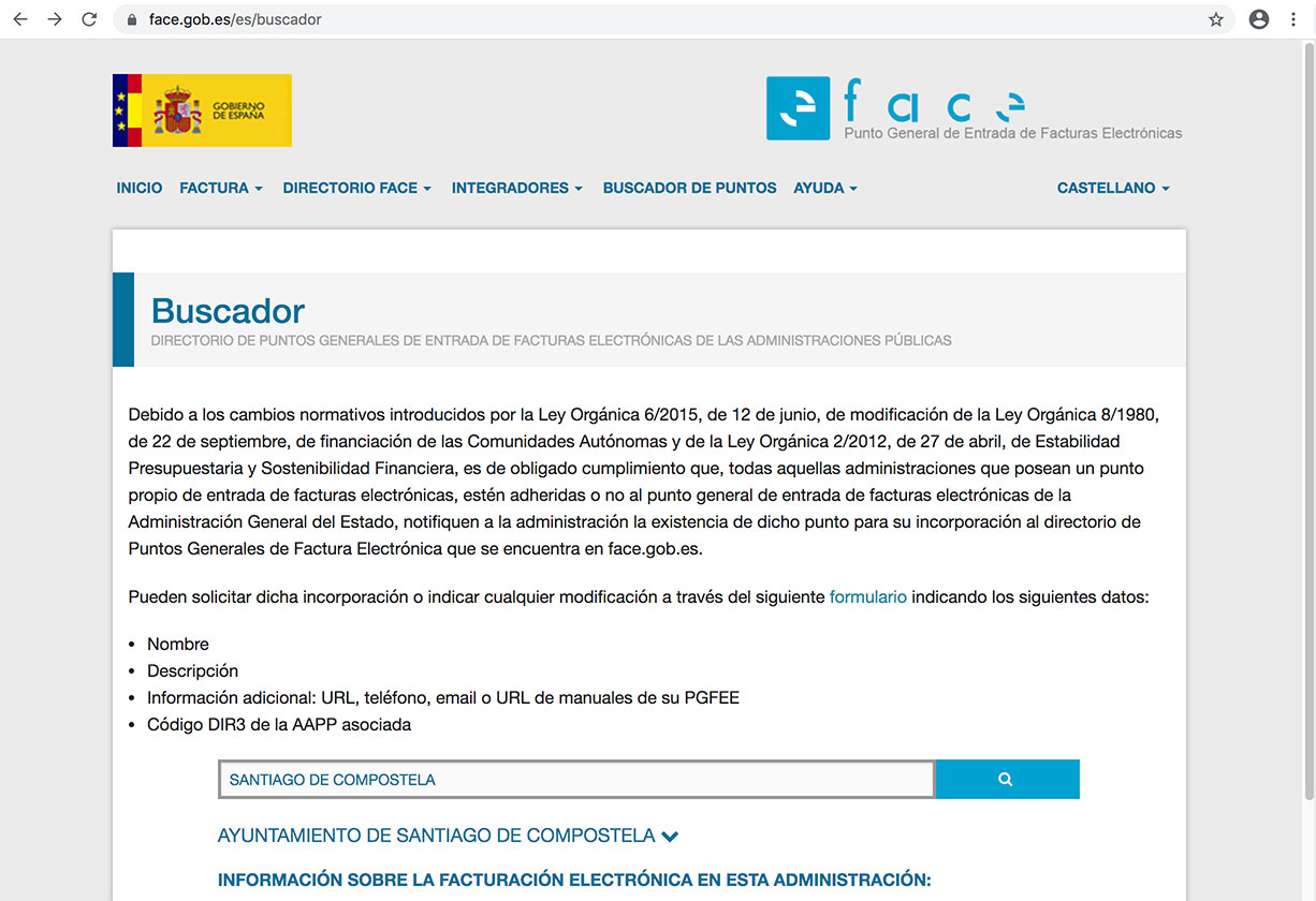 Listado de organismos públicos en la web de FACe del Gobierno de España.