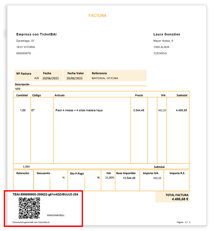 Código QR de una factura con sistema TicketBAI generada por ClassicGes