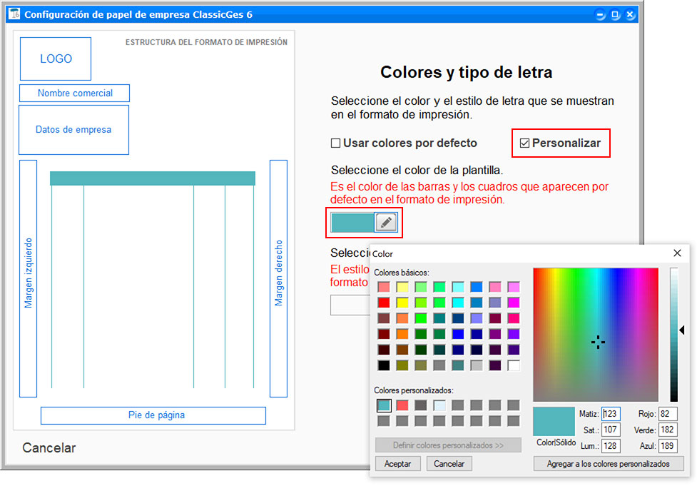 Seleccionar los colores corporativos en el asistente para la configuración del papel de empresa en ClassicGes.