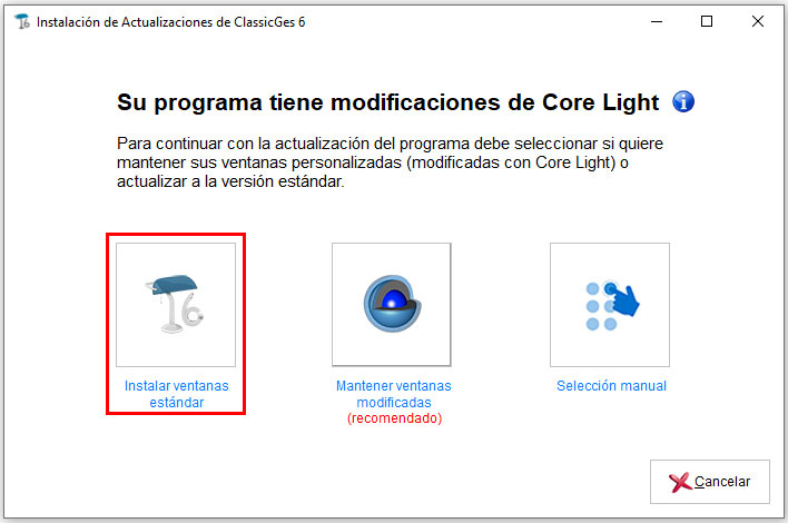 El usuario de ClassicGes con modificaciones de Core light elige instalar el programa estándar.