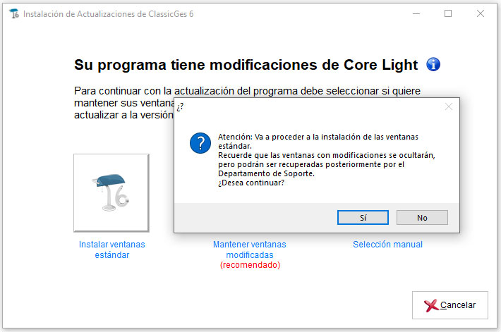 Aviso de que las modificaciones de Core light quedarán ocultas al instalar las ventanas estándar de ClassicGes.