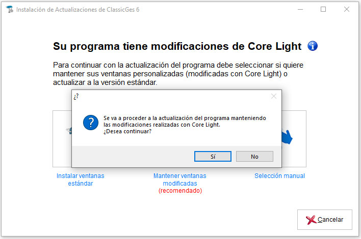 Aviso de que se va a actualizar ClassicGes manteniendo las modificaciones de Core light.