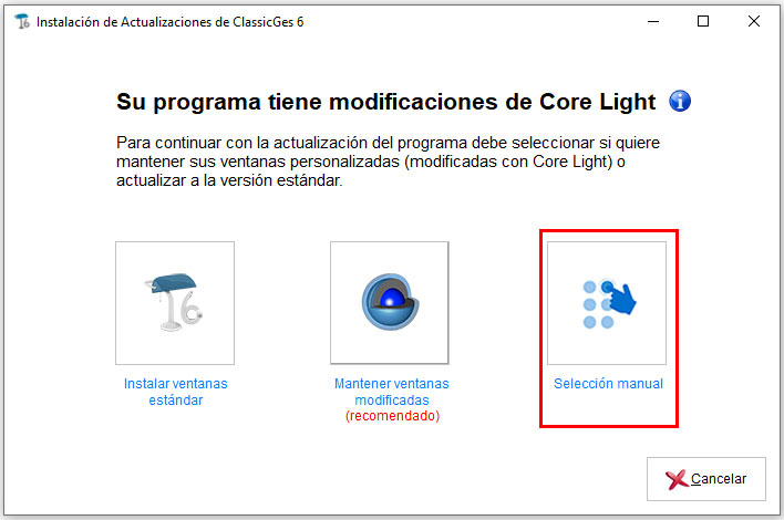 El usuario de ClassicGes con modificaciones de Core light elige hacer una selección manual de ventanas.